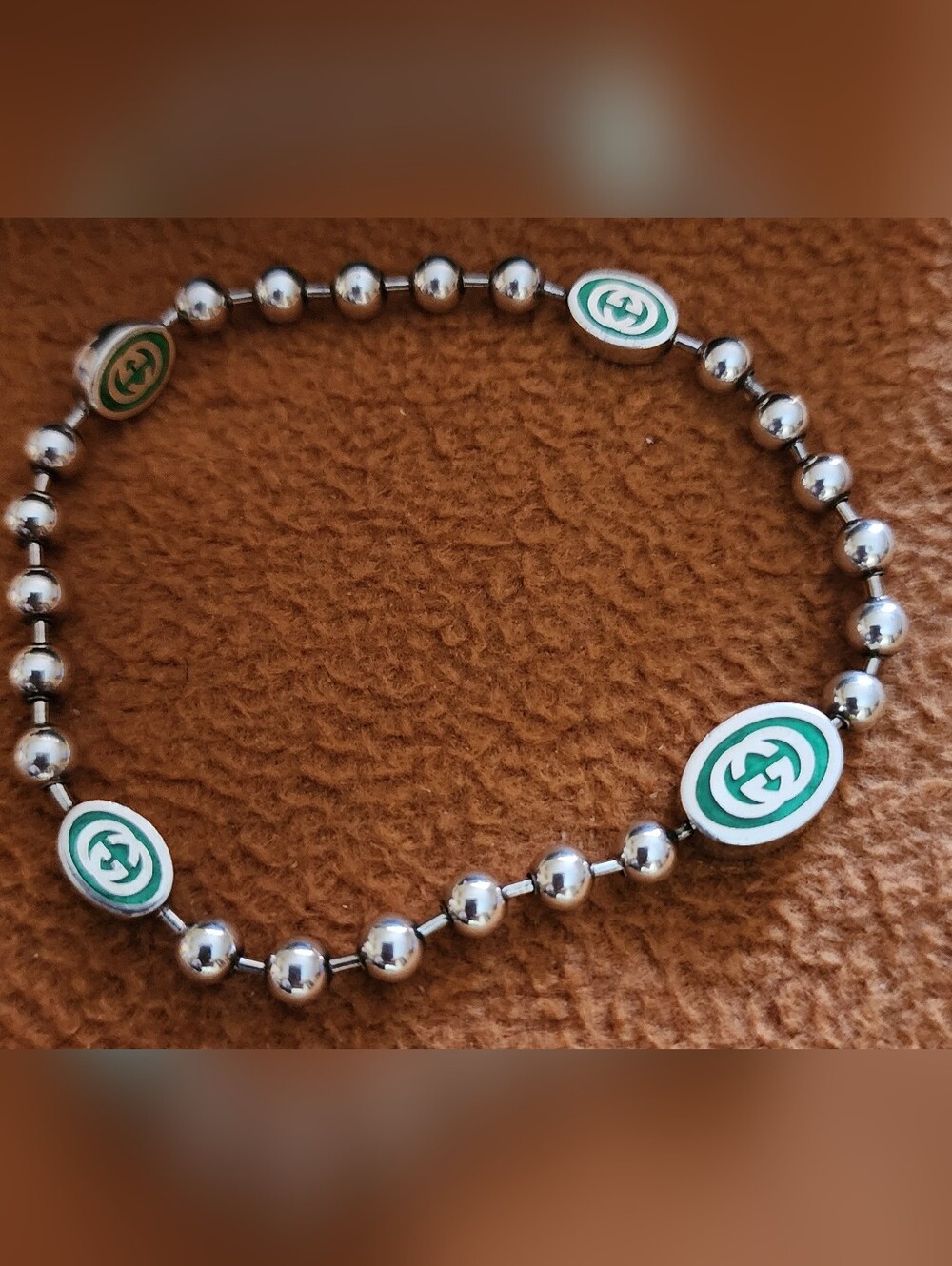 Gucci Silver-tone Ball Chain Unisex Bracelet with Green/Silver Enamel GG Motifs